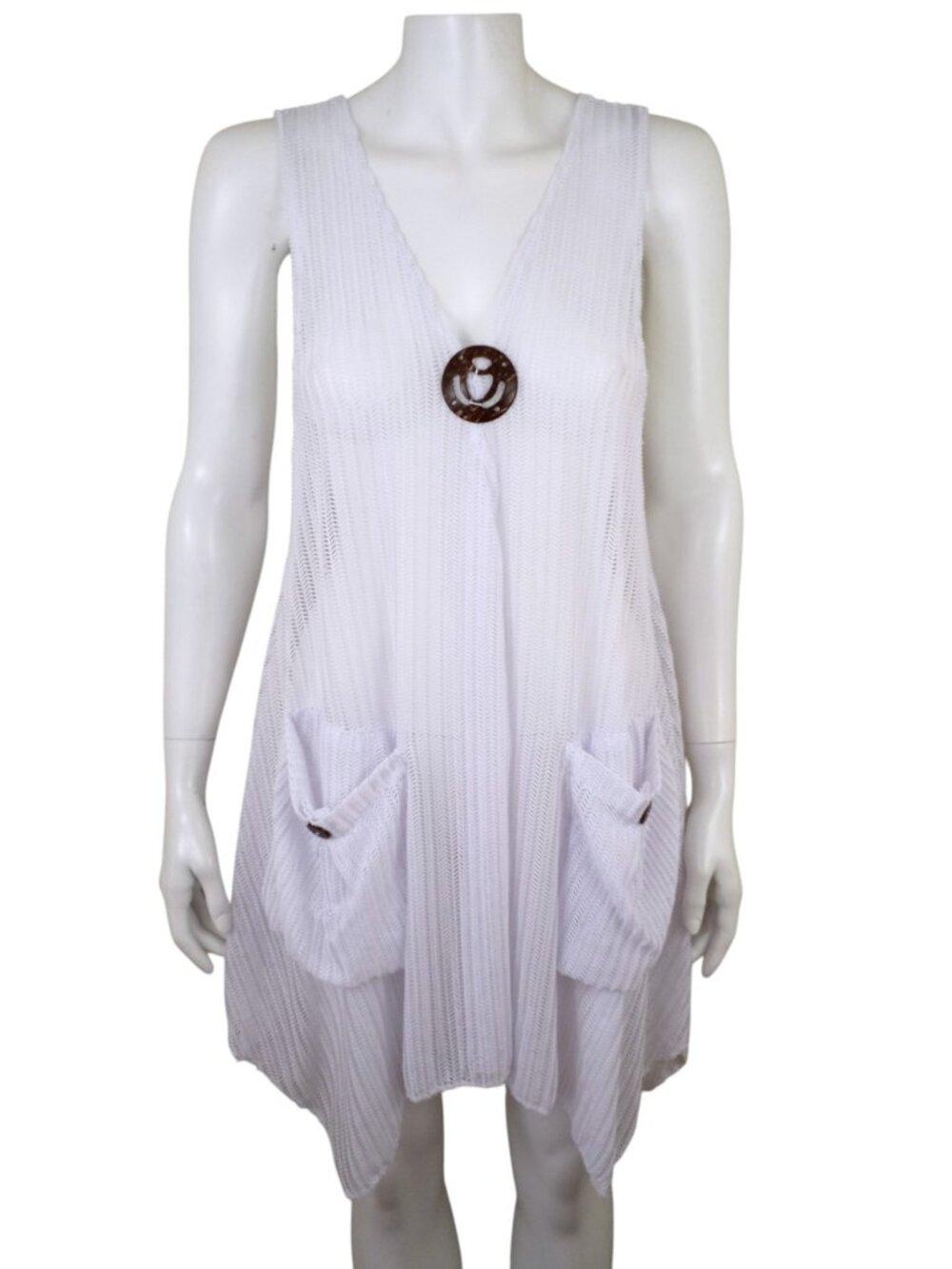Surf Style White Lagenlook Swim Coverup Sleeveless Open Weave Pockets